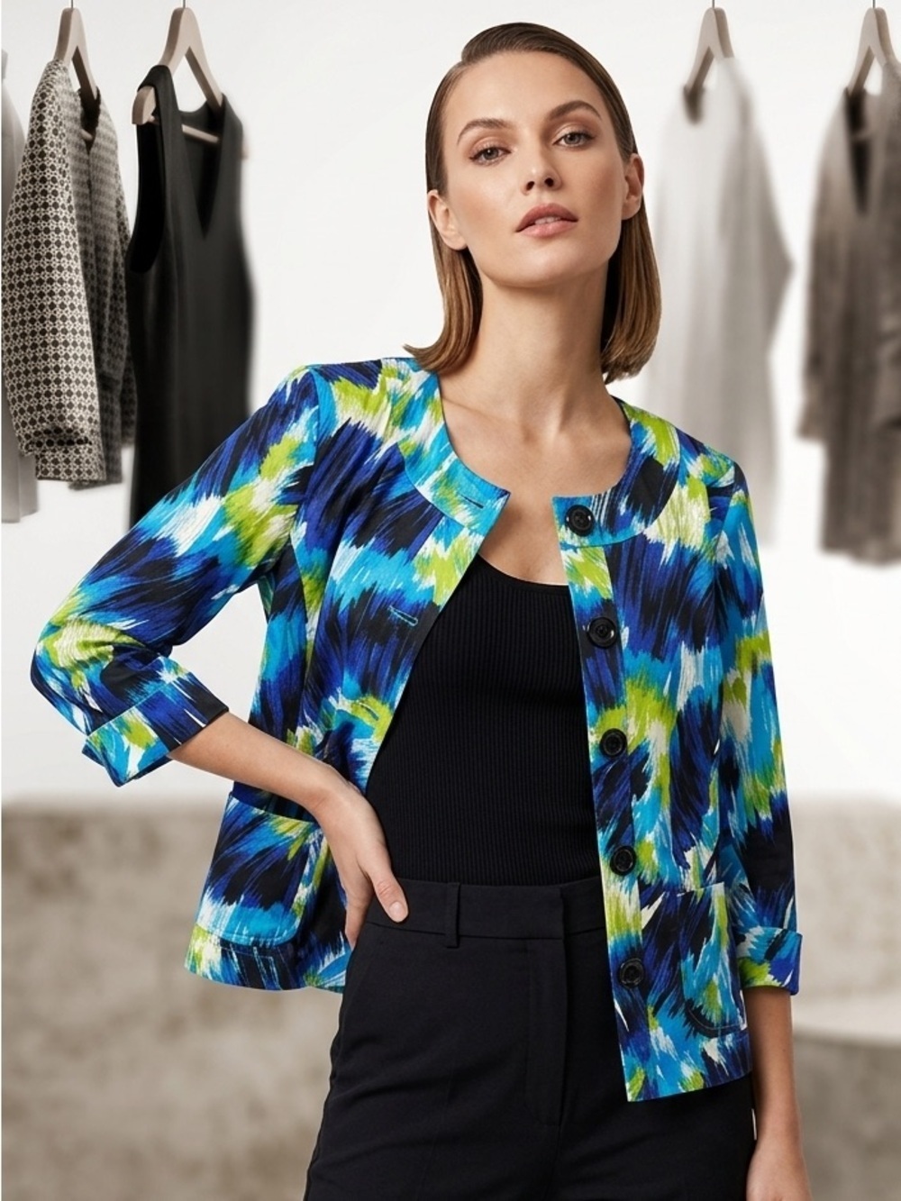 NOTATIONS Brushstroke Abstract Print Blazer Jacket Blue Lime Medium spring